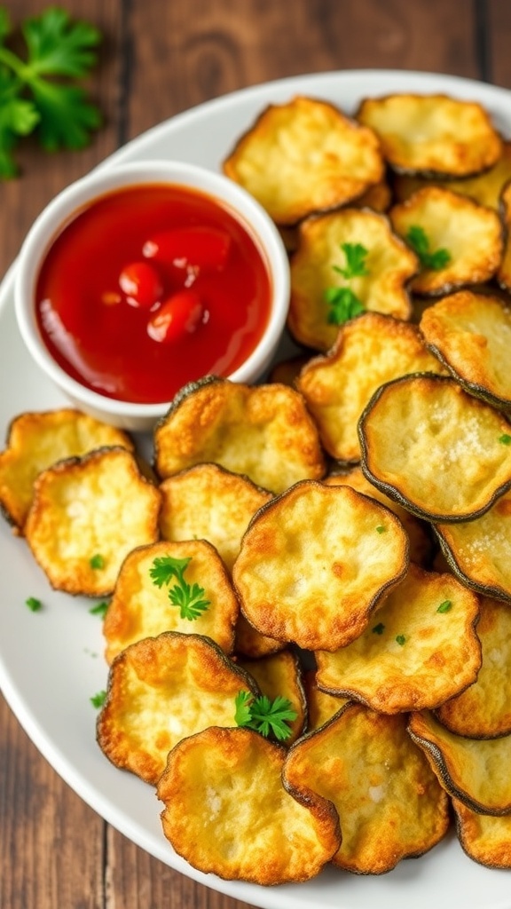 Crispy Parmesan Zucchini Chips Recipe Crispy parmesan zucchini chips on a plate with marinara sauce, garnished with parsley.